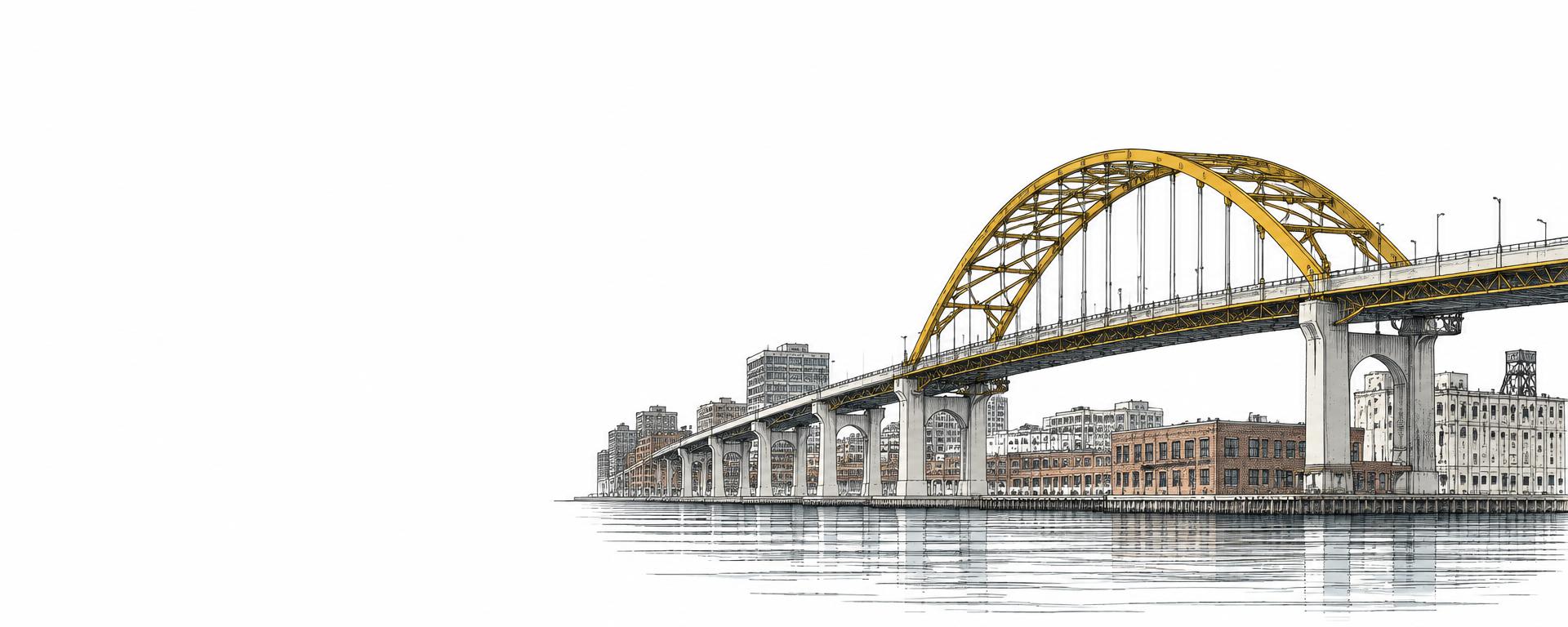 Architectural illustration of a golden bridge over Milwaukee's harbor